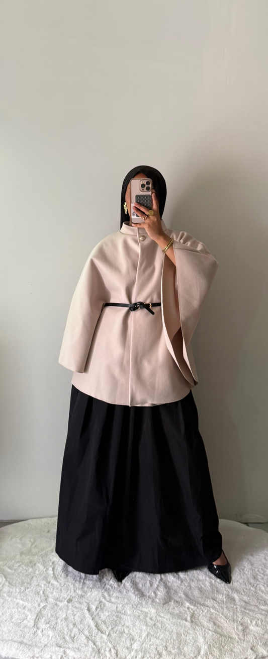 Cape ceinturée col bouton - Beige