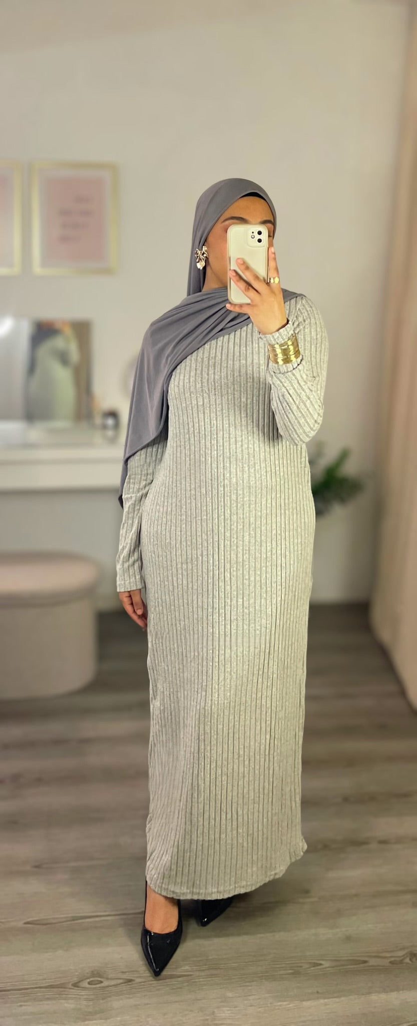 ROBE LONGUE EN MAILLE CÔTELÉE - GRIS CLAIR